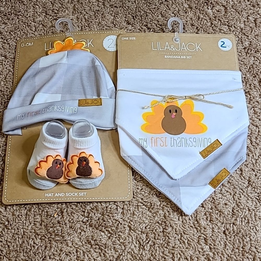 Lila & Jack 2 Sets, one w/2 Thanksgiving Bibs, and second set of booties…
